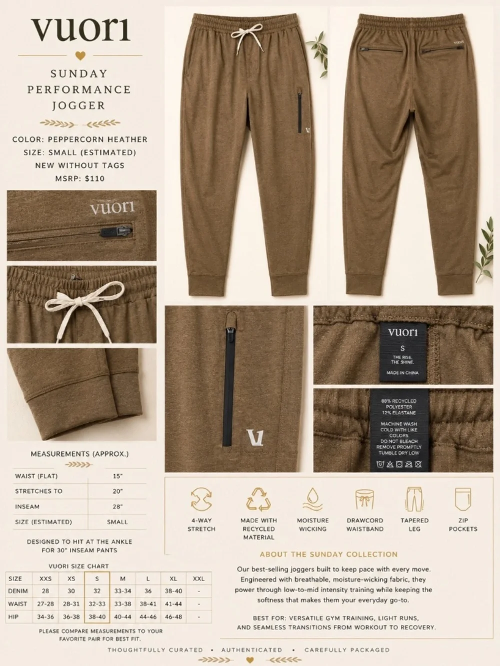 Vuori Sunday Performance Jogger Peppercorn Heather Small NWOT Athletic Pants